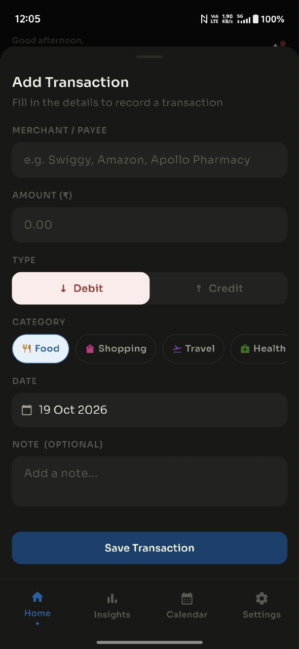 Add Transaction sheet — merchant, amount, debit or credit, category, date and an optional note for a payment the SMS inbox never saw