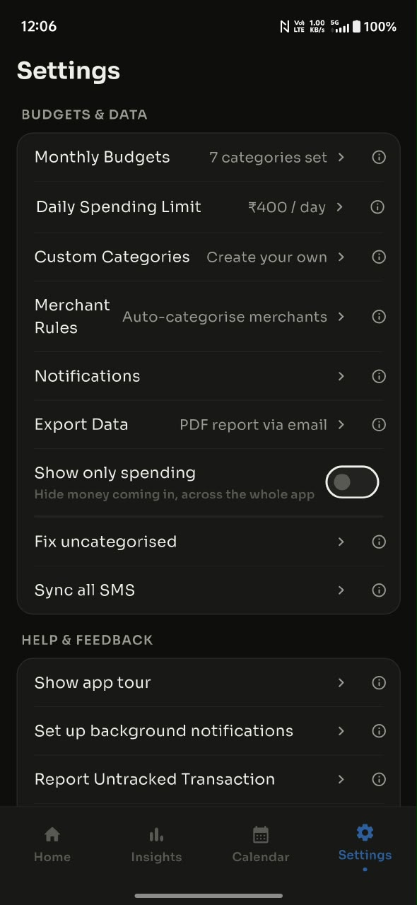 Settings continued — budgets, daily spending limit, custom categories, merchant rules, notifications, export, the uncategorised queue and a full SMS re-sync