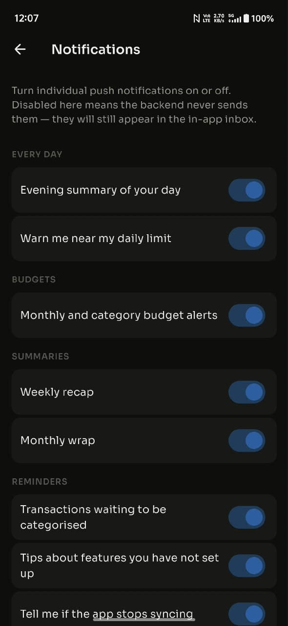Notifications screen — individual switches for the evening summary, daily limit warning, budget alerts, weekly recap, monthly wrap and reminders