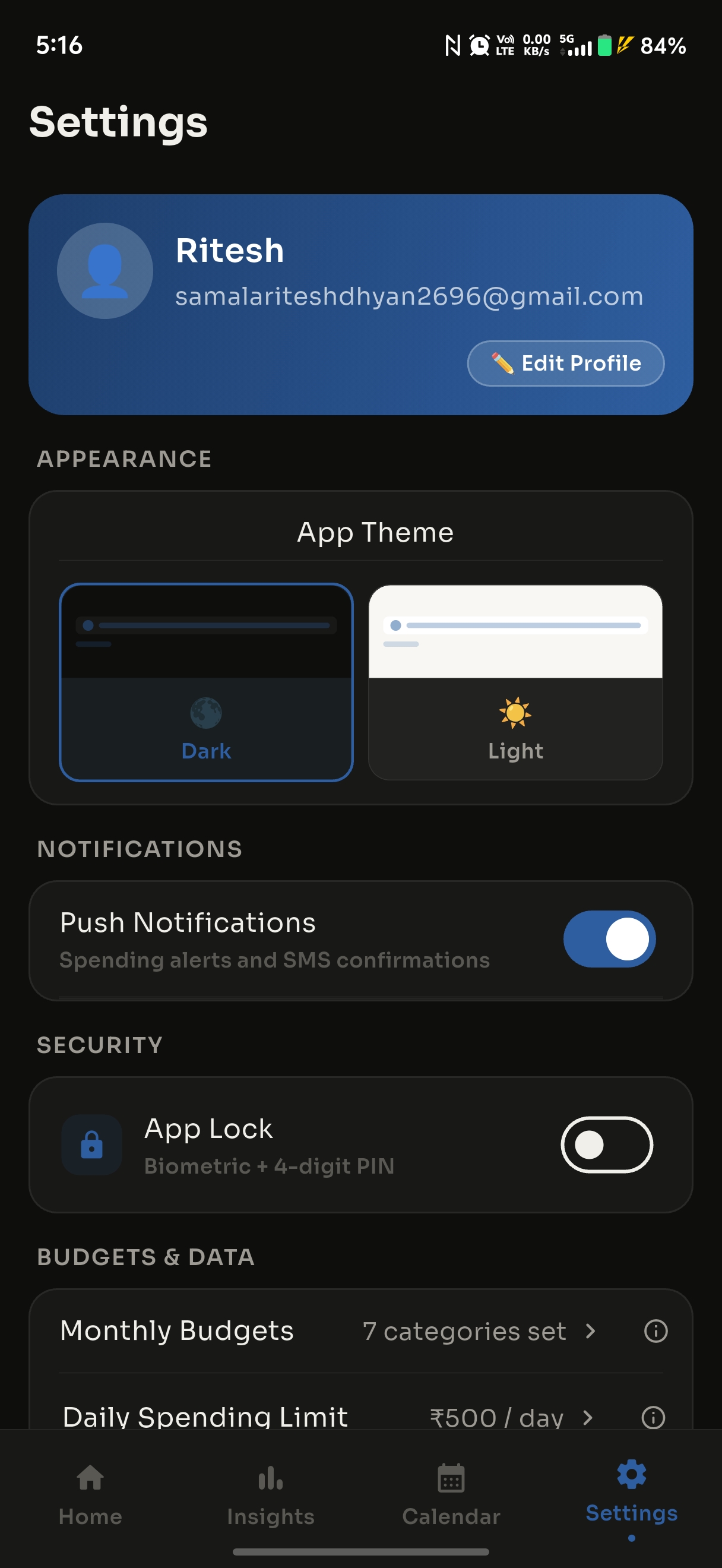 Settings screen with app theme, notification, and security controls